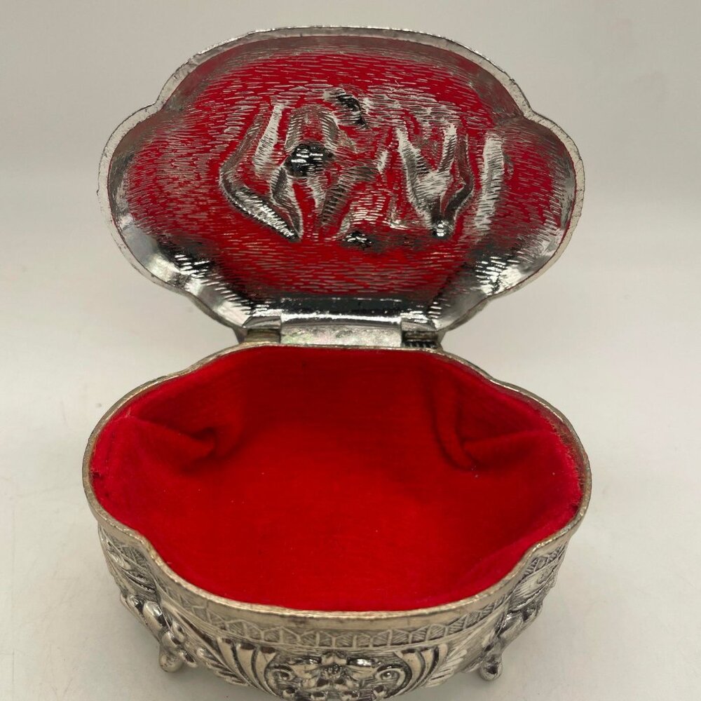 Vintage Silver Ornate Oval Casket Japanese Footed Jewelry Box Red Velvet Lined - Picture 5 of 6